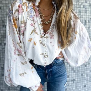 Floral Print Button Front Lantern Sleeve Blouse Casual Loose Fit Top, women Blouses & Shirts, ChicMe catalog