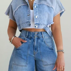 Casual Raglan Sleeve Distressing Plain Shawl Collar Denim Jacket, Jackets, color:Denim Blue|size:XXL, Stylewe