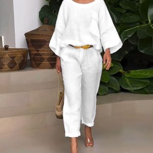 2 Pieces Outfit Cold Shoulder Pocket Design Pullover Top and Casual Slim Fit Pants Set, women Two-piece Sets, ChicMe catalog