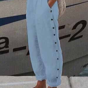 Women's Elastic Waist T-Line Turnip Pants Daily Going Out Pants Linen Buttoned Cotton Plain Spring/Fall Pants, JustFashionNow Pants, color:Blue|size:XXL,