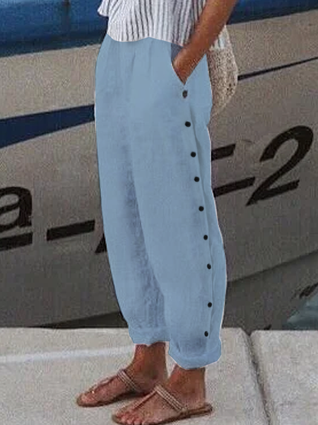 Women's Elastic Waist T-Line Turnip Pants Daily Going Out Pants Linen Buttoned Cotton Plain Spring/Fall Pants, JustFashionNow Pants, color:Blue|size:XXL,