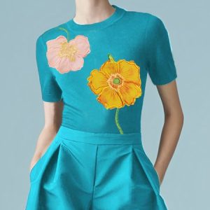 Jersey Urban Floral Printing Crew Neck T-shirt, Tees, color:Blue|size:XXL, Stylewe