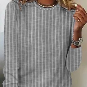 Women's Long Sleeve Tee T-shirt Spring/Fall Striped Crew Neck Daily Going Out Casual Top, JustFashionNow T-Shirts, color:Gray|size:5XL,