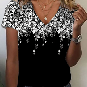 Women Floral Short Sleeve Tee T-shirt V Neck Printing Casual Summer Graphic Tee Top, JustFashionNow T-Shirts, color:Black|size:XXL,