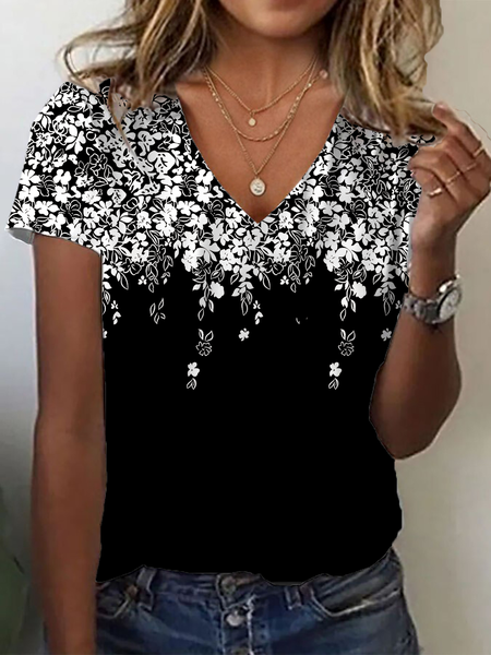 Women Floral Short Sleeve Tee T-shirt V Neck Printing Casual Summer Graphic Tee Top, JustFashionNow T-Shirts, color:Black|size:XXL,