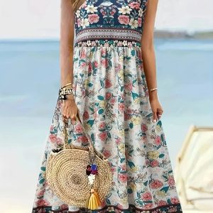 Women Floral Crew Neck Sleeveless Comfy Casual Maxi Dress, Maxi, color:White|size:4XL, catalog Noracora shop