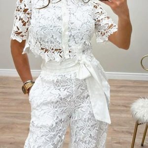 Urban Lace  Shirt Collar Short Sleeve Shirt, Blouses and Shirts, color:White|size:XXL, Stylewe