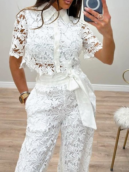 Urban Lace Shirt Collar Short Sleeve Shirt, Blouses and Shirts, color:White|size:XXL, Stylewe