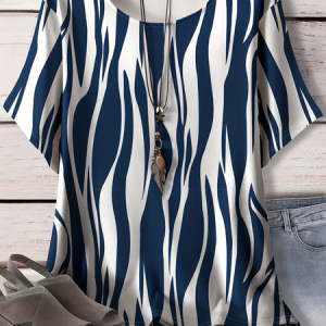Women Abstract Stripes Short Sleeve Tee T-shirt Crew Neck Printing Casual Summer Graphic Tee Top, JustFashionNow T-Shirts, color:Purplish Blue|size:4XL,