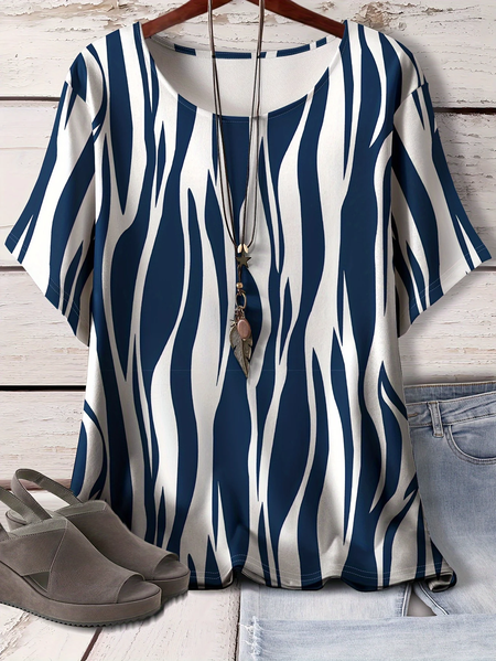 Women Abstract Stripes Short Sleeve Tee T-shirt Crew Neck Printing Casual Summer Graphic Tee Top, JustFashionNow T-Shirts, color:Purplish Blue|size:4XL,
