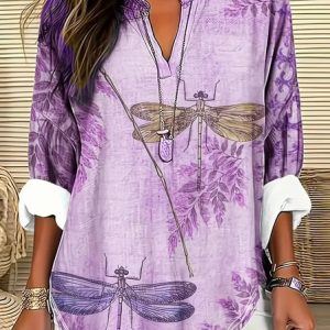 Shawl Collar Half Sleeve Dragonfly Regular Loose Blouse For Women, Blouses, color:Purple|size:4XL, catalog Noracora shop