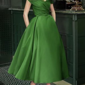 Elegant Plain Mesh Maxi Party Dress With Belt, Maxi Dresses, color:Green|size:XXL, Stylewe