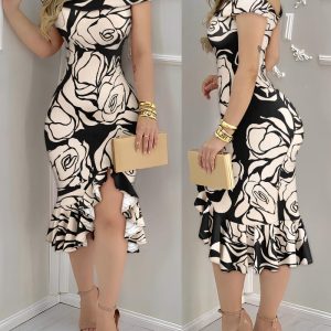 Floral Print Off Shoulder Ruffle Hem Slit Dress Slim Fit Party Dress, women Print Dresses, ChicMe catalog
