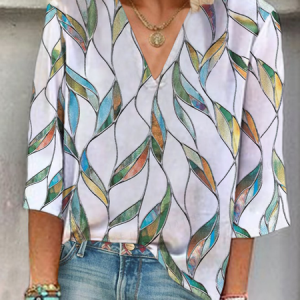 Women Floral Three Quarter Sleeve Blouse Spring/Fall Printing V Neck Daily Casual Top, JustFashionNow Blouses, color:White|size:XXL,