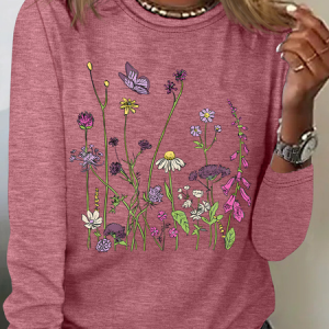 Crew Neck Long Sleeve Floral Regular Medium Elasticity Loose Blouse For Women, Blouses, color:Watermelon|size:3XL, catalog Noracora shop