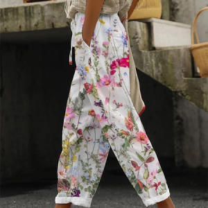 Women Floral Long Pant Casual Spring/Fall Trousers, JustFashionNow Pants, color:White|size:5XL,