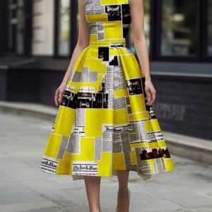 Satin Elegant Letter Pattern Printing Off The Shoulder Midi Dress, Midi Dresses, color:Yellow|size:XXL, Stylewe
