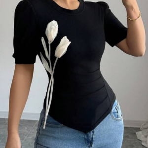 Casual Plain 3D Floral Crew Neck T-shirt, Tees, color:Black|size:XXL, Stylewe