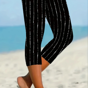 Women Striped Capris Elastic Waist Pant Casual Summer Trousers, JustFashionNow Leggings, color:Black|size:XXL,