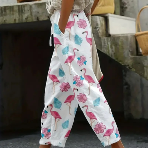 Women Floral Long Pants Casual Spring/Fall Trousers, JustFashionNow Pants, color:White|size:XXL