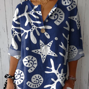 Shawl Collar Three Quarter Sleeve Geometric Regular Loose Blouse For Women, Blouses, color:As Picture|size:3XL, catalog Noracora shop