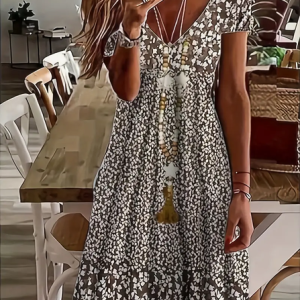 Women Floral Short Sleeve Summer Printing Dress V Neck Daily Casual Midi Fit & Flare Dress A-Line Dress, JustFashionNow Casual Dresses, color:Brown|size:5XL,