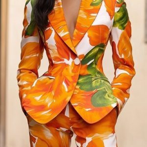 Vacation Printing Floral Lapel Collar Blazer, Blazers, color:Orange|size:XXL, Stylewe