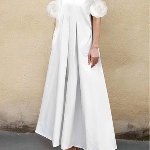 Casual 3D Floral Shirt Collar Maxi Dress, Maxi Dresses, color:White|size:XXL, Stylewe