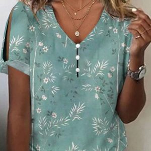 Casual Plants V Neck Short Sleeve T-shirt, T-shirts, color:Lightgreen|size:4XL, catalog Noracora shop