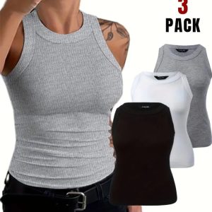 Plus Size 3PCS Ribbed Round Neck Sleeveless Slim Fit Tank Basic Casual Top, women T-shirt(plus), ChicMe catalog