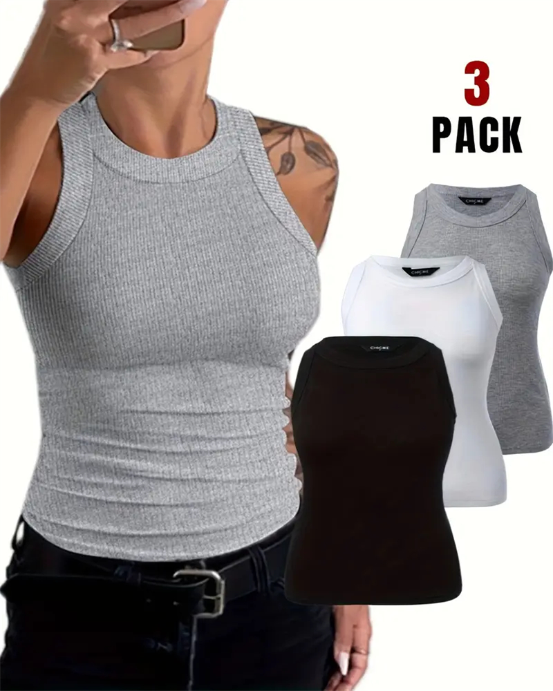 Plus Size 3PCS Ribbed Round Neck Sleeveless Slim Fit Tank Basic Casual Top, women T-shirt(plus), ChicMe catalog