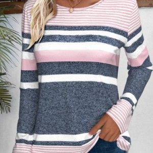 Women Striped Long Sleeve Tee T-shirt Crew Neck Casual Spring/Fall Top, JustFashionNow T-Shirts, color:Gray|size:XXL,