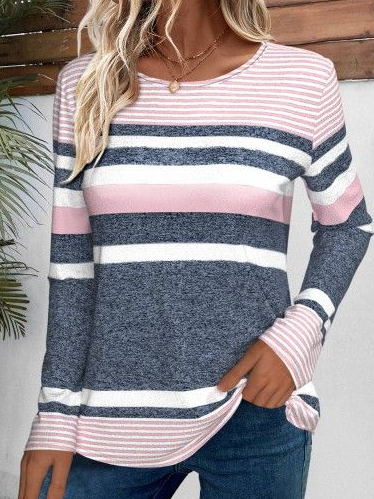 Women Striped Long Sleeve Tee T-shirt Crew Neck Casual Spring/Fall Top, JustFashionNow T-Shirts, color:Gray|size:XXL,