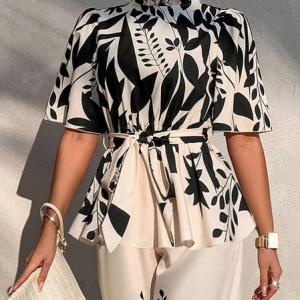Elegant Floral Printing Lotus Leaf Collar Blouse With Belt, Blouses and Shirts, color:As Picture|size:XXL, Stylewe