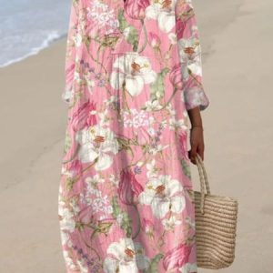 Women Floral Crew Neck Short Sleeve Comfy Casual Maxi Dress, Dresses, color:Pink|size:4XL, catalog Noracora shop