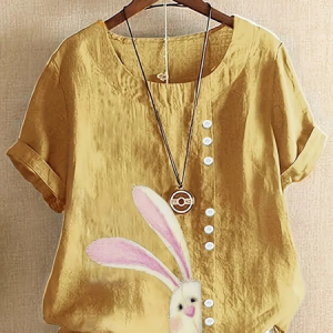 Crew Neck Half Sleeve Easter (rabbit) Regular Regular Fit Blouse For Women, Blouses, color:Yellow|size:4XL, catalog Noracora shop