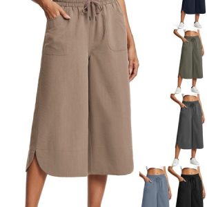 Women Plain Capris Pants Casual Summer Trousers, JustFashionNow Pants, color:Khaki|size:3XL,