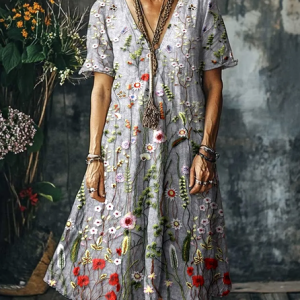 Women Floral V Neck Short Sleeve Comfy Casual Maxi Dress, Maxi, color:Light Gray|size:4XL, catalog Noracora shop