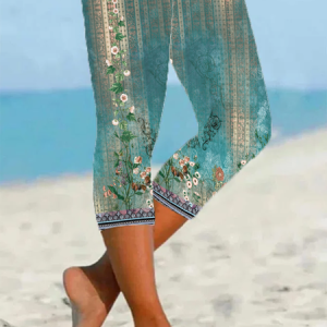 Women Floral Capris Elastic Waist Pant Casual Summer Trousers, JustFashionNow Leggings, color:Lake Blue|size:XXL,