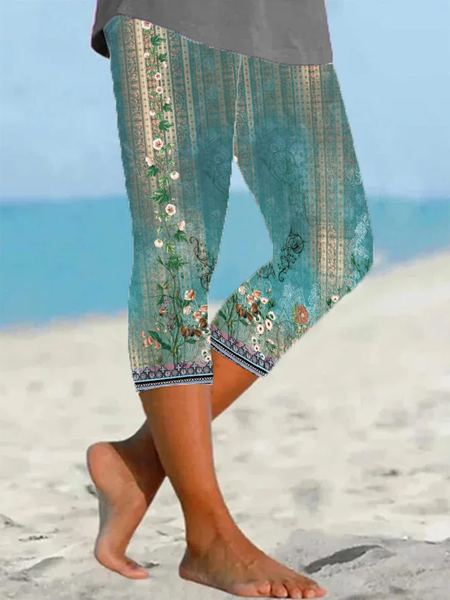Women Floral Capris Elastic Waist Pant Casual Summer Trousers, JustFashionNow Leggings, color:Lake Blue|size:XXL,