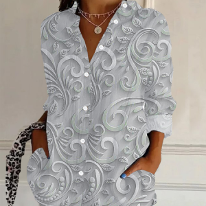 Women Floral Long Sleeve Shirt Spring/Fall Buckle Shirt Collar Daily Casual Top, JustFashionNow Shirts, color:White|size:XXL,