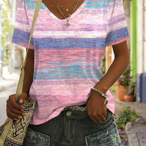 Women Striped Short Sleeve Tee T-shirt V Neck Casual Summer Top, JustFashionNow T-Shirts, color:As Picture|size:4XL,