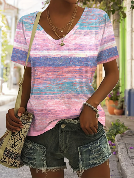Women Striped Short Sleeve Tee T-shirt V Neck Casual Summer Top, JustFashionNow T-Shirts, color:As Picture|size:4XL,