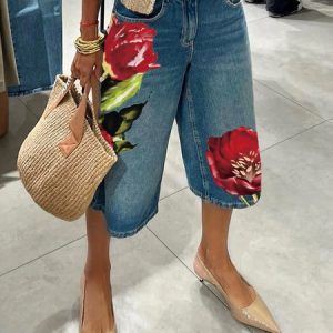 Casual Floral Denim Shorts, Denim Shorts, color:Denim Blue|size:XXL, Stylewe