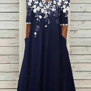 Women Floral Short Sleeve Summer Printing Dress V Neck Daily Casual Maxi Fit & Flare Dress H-Line Dress, JustFashionNow Casual Dresses, color:Purplish Blue|size:3XL