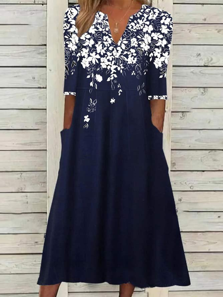 Women Floral Short Sleeve Summer Printing Dress V Neck Daily Casual Maxi Fit & Flare Dress H-Line Dress, JustFashionNow Casual Dresses, color:Purplish Blue|size:3XL