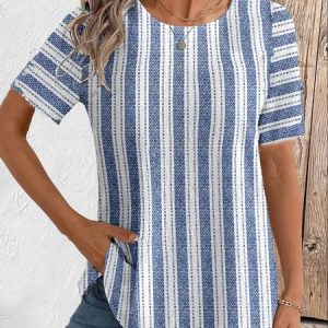 Casual Striped Crew Neck Short Sleeve T-shirt, T-shirts, color:Blue|size:XXL, catalog Noracora shop