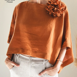 STYLE WE x CHILLINEN |Linen Casual Plain 3D Floral Off The Shoulder linen-cotton Blouse, Blouses and Shirts, color:Orange|size:XXL, Stylewe