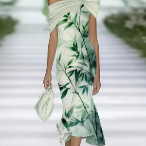 Women Floral Cap Sleeve Summer Printing Dress Cold Shoulder Daily Vintage Maxi H-Line Dress, JustFashionNow Casual Dresses, color:Green|size:4XL,