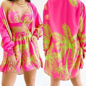 Tropical Print Cold Shoulder Spaghetti Strap Shirt and Shorts Set with Tank, women Two-piece Sets, ChicMe catalog